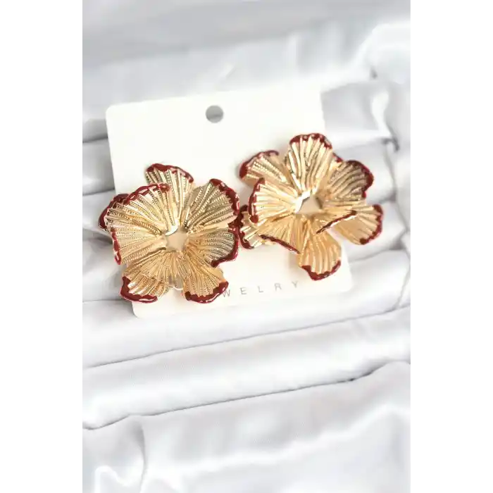 Pirinç Gold Renk Bordo Renk Detaylı Lotus Kadın Küpe