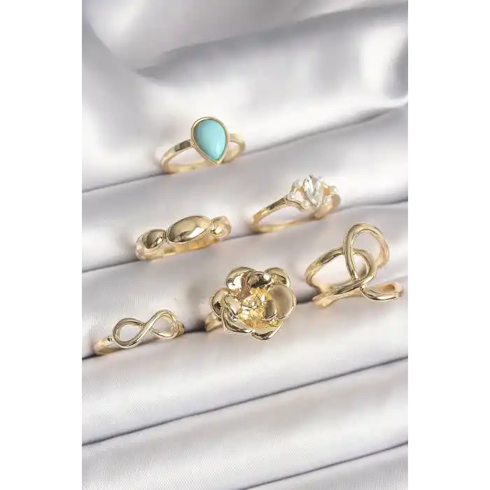 Pirinç Gold Renk Çiçek Model Model Sonsuzluk Zirkon Taş Detaylı 6Lı Kadın Yüzük Seti