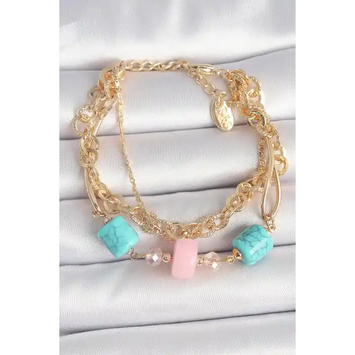 Pirinç Gold Renk Çoklu Zincir Model Mavi Taş Figürlü Kadın Bileklik