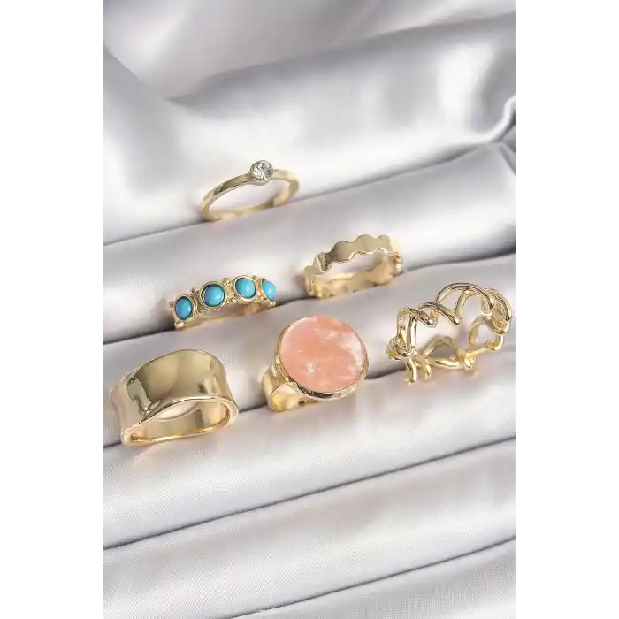 Pirinç Gold Renk Daire Pembe Mineli Zirkon Taş Detaylı 6Lı Kadın Yüzük Seti