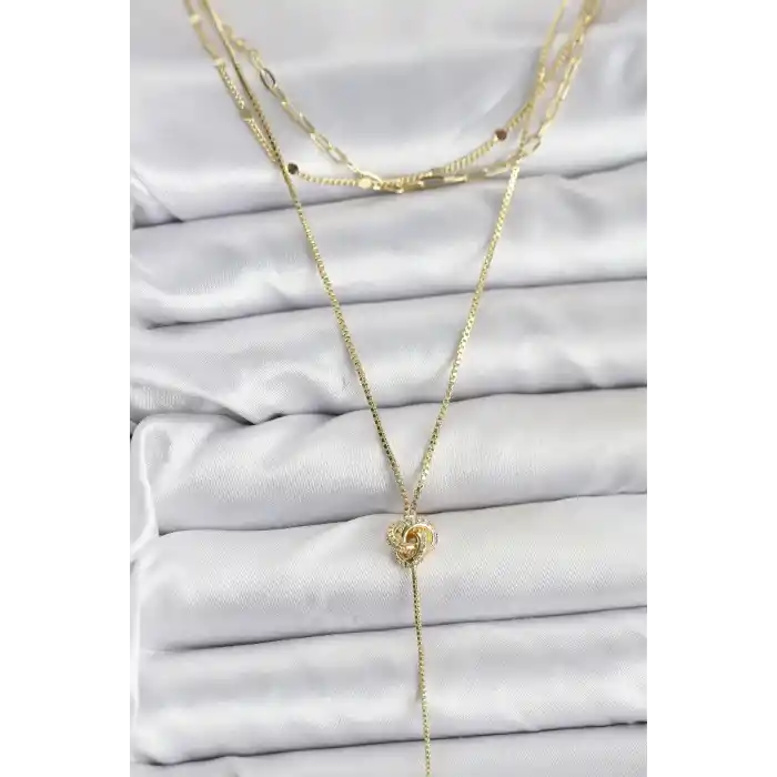 Pirinç Gold Renk Düğüm Model Detaylı 3lü Kombin Y Kadın Kolye