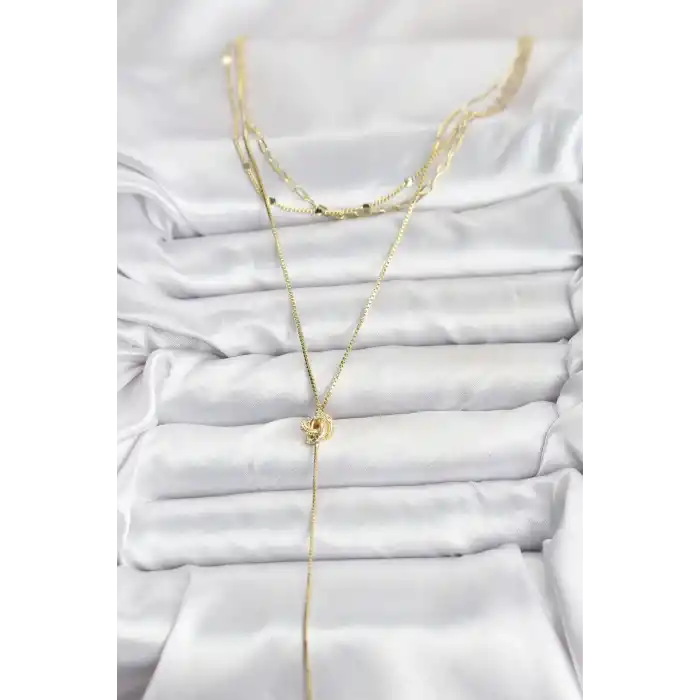 Pirinç Gold Renk Düğüm Model Detaylı 3lü Kombin Y Kadın Kolye