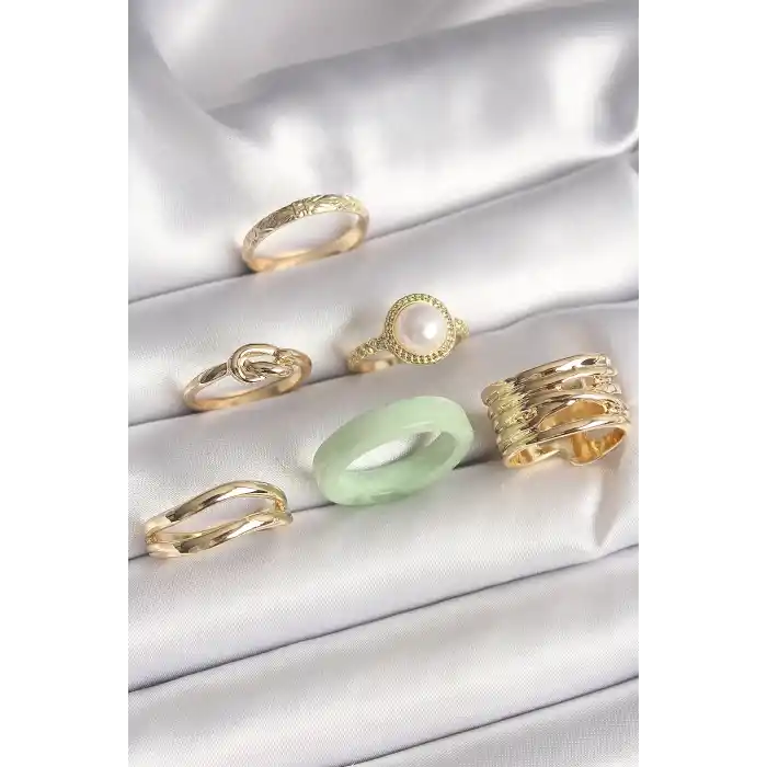 Pirinç Gold Renk Düğüm Model İncili İşlemeli Plaka Model 6Lı Kadın Yüzük Seti