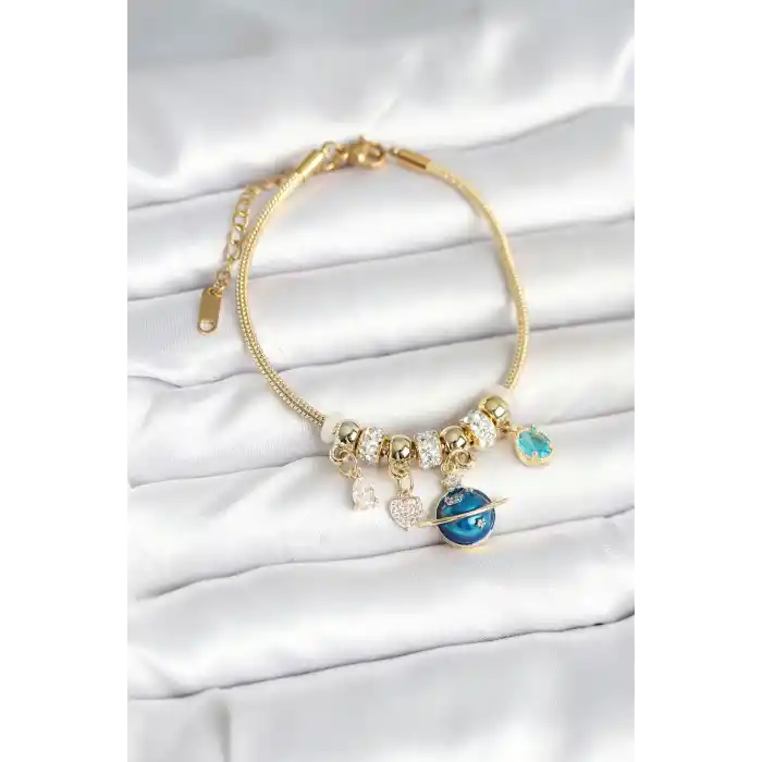 Pirinç Gold Renk Dünya Charmlı Kadın Bileklik