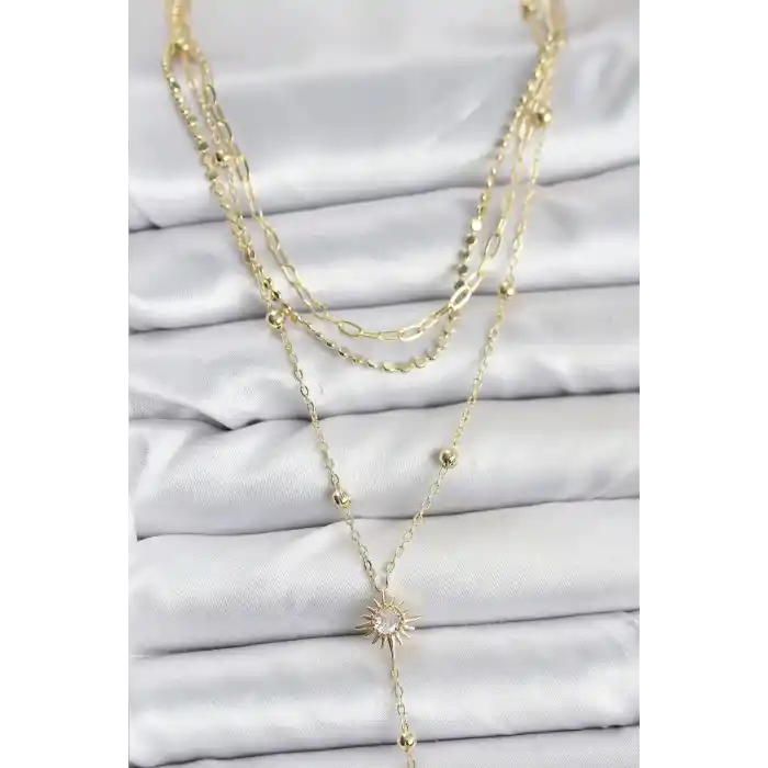 Pirinç Gold Renk Güneş Model Detaylı 3lü Kombin Y Kadın Kolye