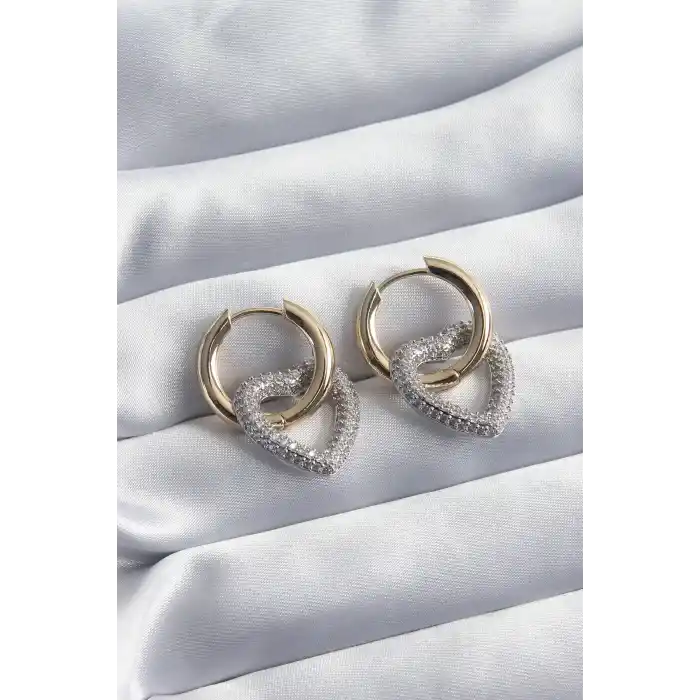 Pirinç Gold Renk Halka Gümüş Zirkon Taşlı Kalp Model VİP Seri Kadın Küpe