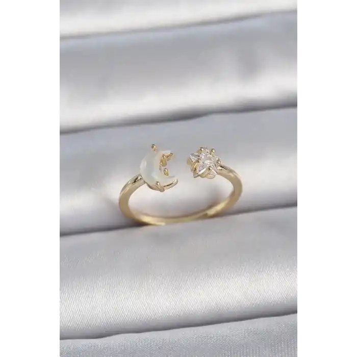 Pirinç Gold Renk İncili Hilal Zirkon Taşlı Yıldız Ayarlanabilir Model Kadın Yüzük