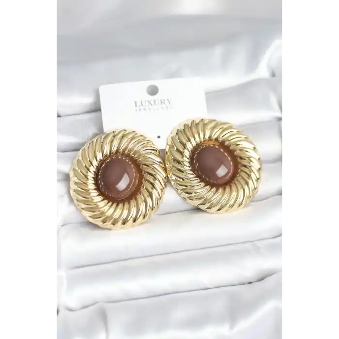 Pirinç Gold Renk Kahverengi Boncuklu Vintage Kadın Küpe