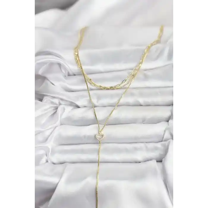 Pirinç Gold Renk Kalp Detaylı 3lü Kombin Y Kadın Kolye