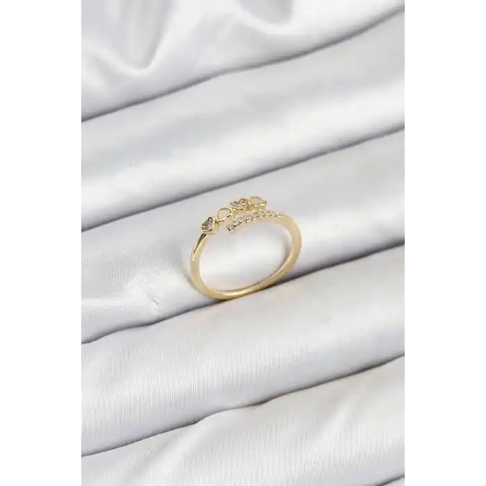 Pirinç Gold Renk Kalpli Detaylı Zirkon Taşlı Kadın Yüzük