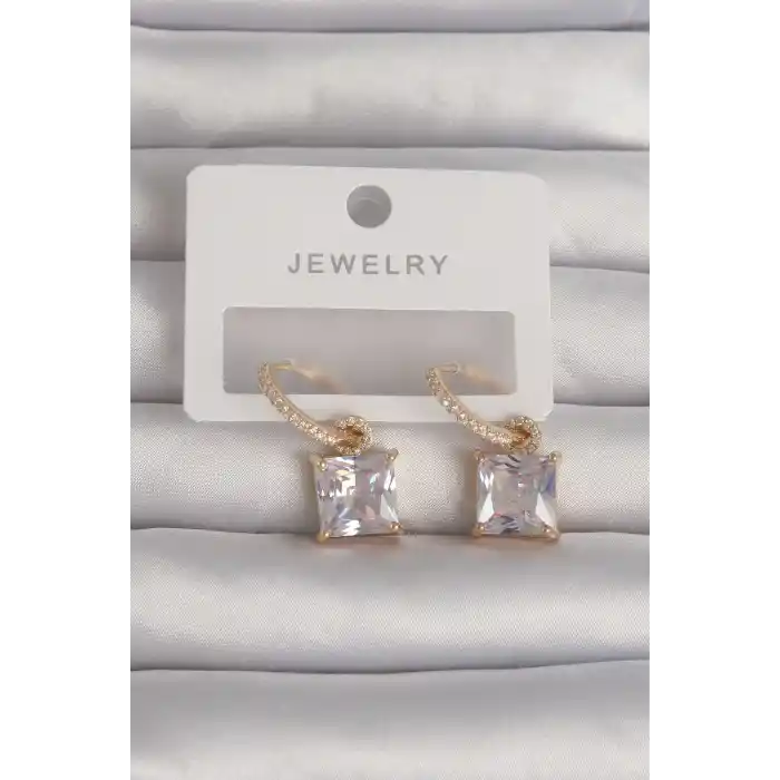 Pirinç Gold Renk Kare Zirkon Taşlı Halka Küpe