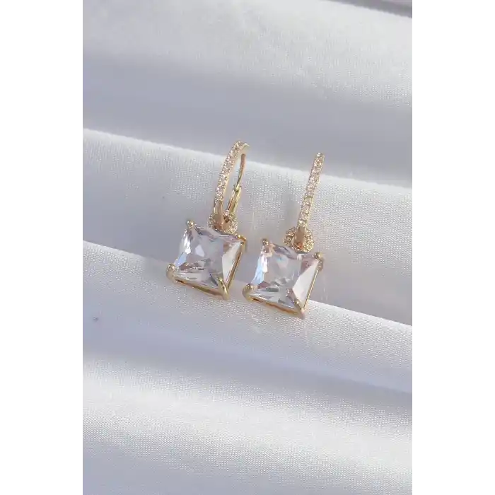 Pirinç Gold Renk Kare Zirkon Taşlı Halka Küpe