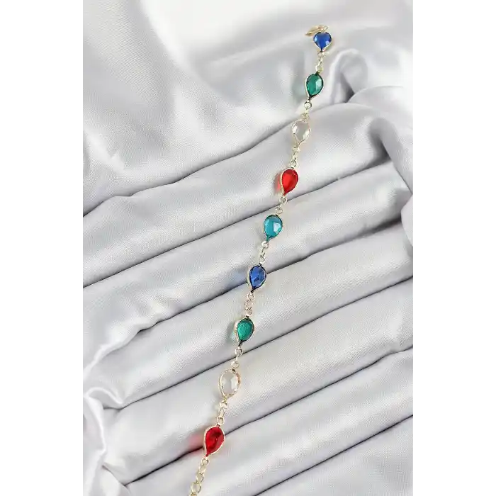 Pirinç Gold Renk Karışık Renk Damla Zirkon Taşlı Kadın Bileklik