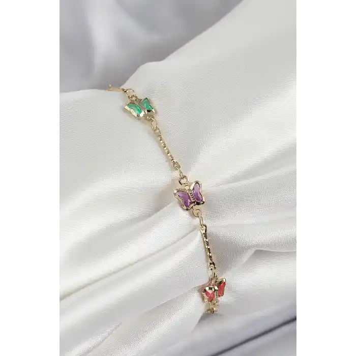 Pirinç Gold Renk Karışık Renk Kelebek Zirkon Taşlı Kadın Bileklik