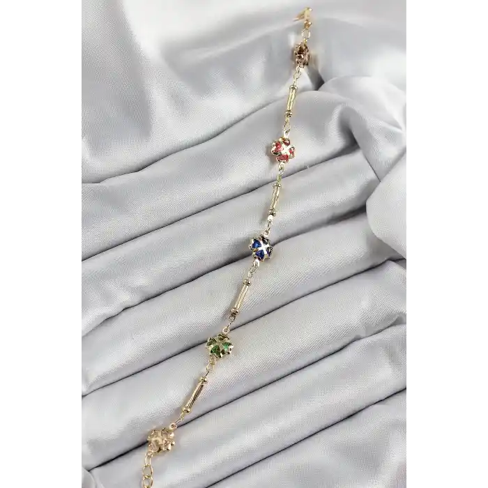 Pirinç Gold Renk Karışık Renk Yonca Zirkon Taşlı Kadın Bileklik