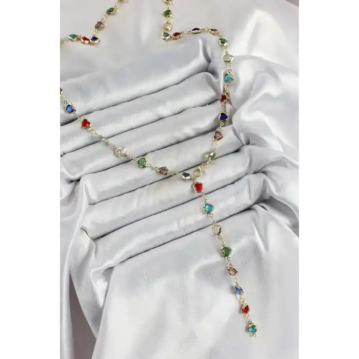 Pirinç Gold Renk Karışık Renk Zirkon Taşlı Kalpli Y Kadın Kolye