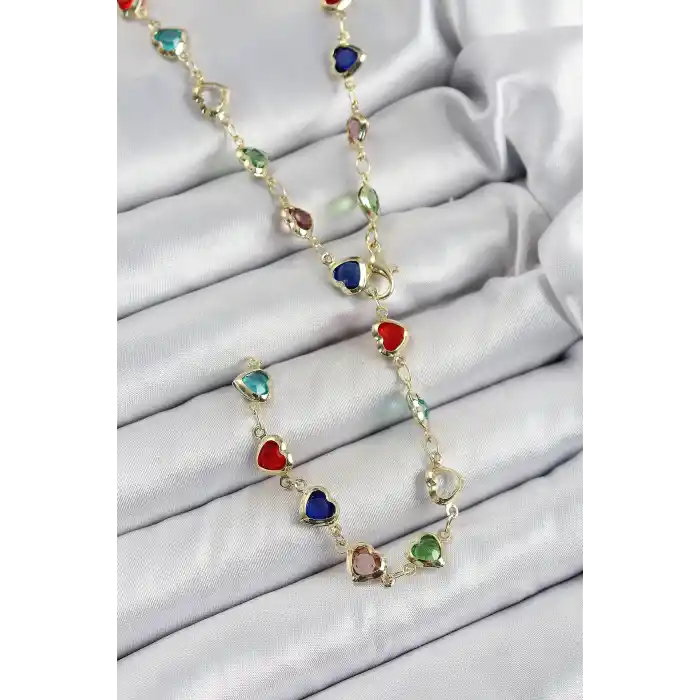 Pirinç Gold Renk Karışık Renk Zirkon Taşlı Kalpli Y Kadın Kolye