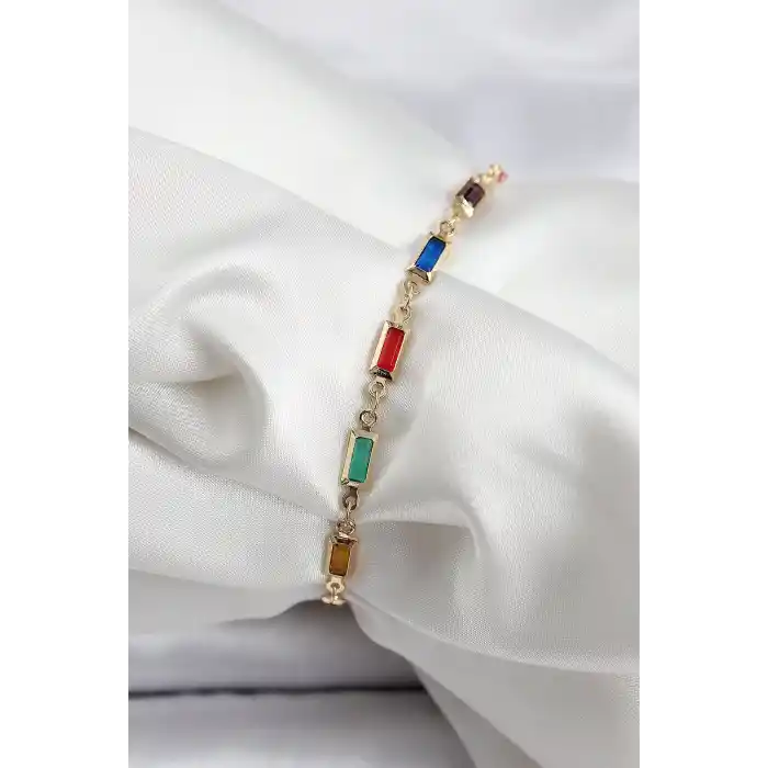 Pirinç Gold Renk Karışık Renkli Kare Zirkon Taşlı Kadın Bileklik