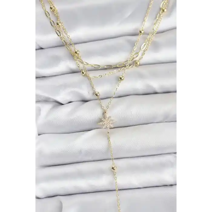 Pirinç Gold Renk Kutup Yıldızı Detaylı 3lü Kombin Kadın Kolye