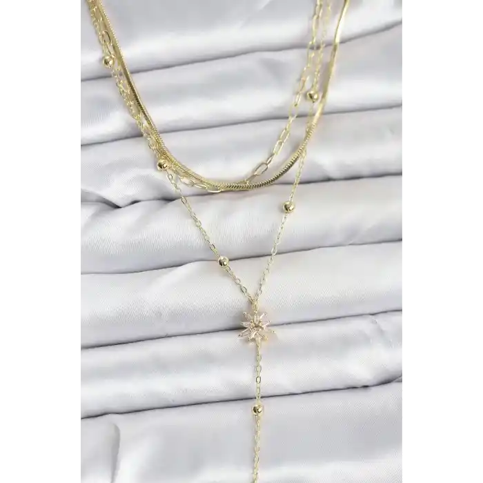 Pirinç Gold Renk Kutup Yıldızı Model Detaylı 3lü Kombin Y Kadın Kolye