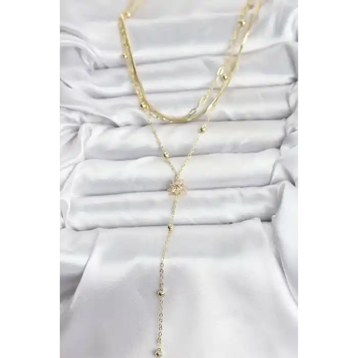 Pirinç Gold Renk Kutup Yıldızı Model Detaylı 3lü Kombin Y Kadın Kolye