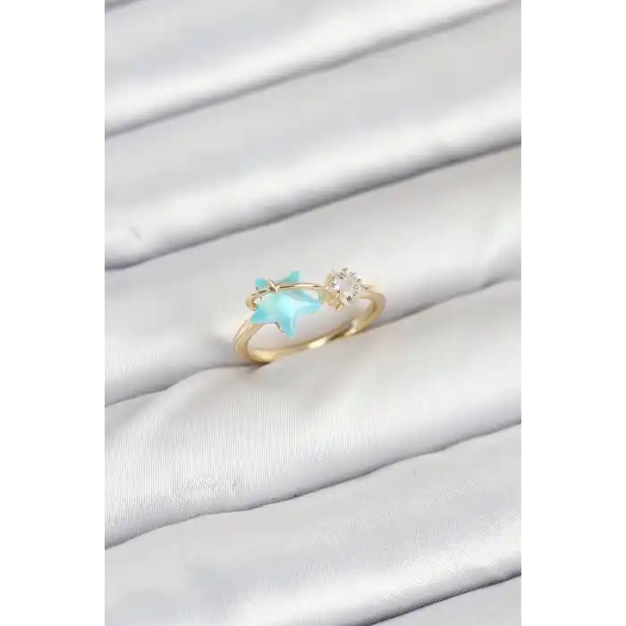 Pirinç Gold Renk Mavi Yıldızlı Model Kadın Yüzük