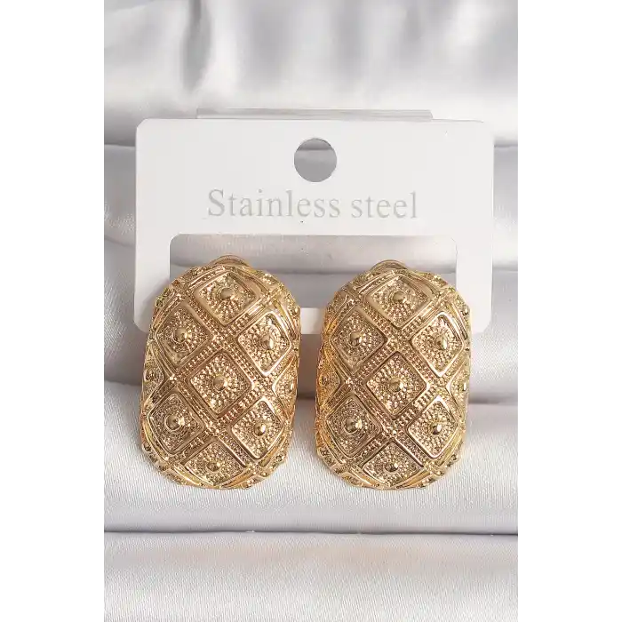 Pirinç Gold Renk Motif İşlemeli Kadın Küpe