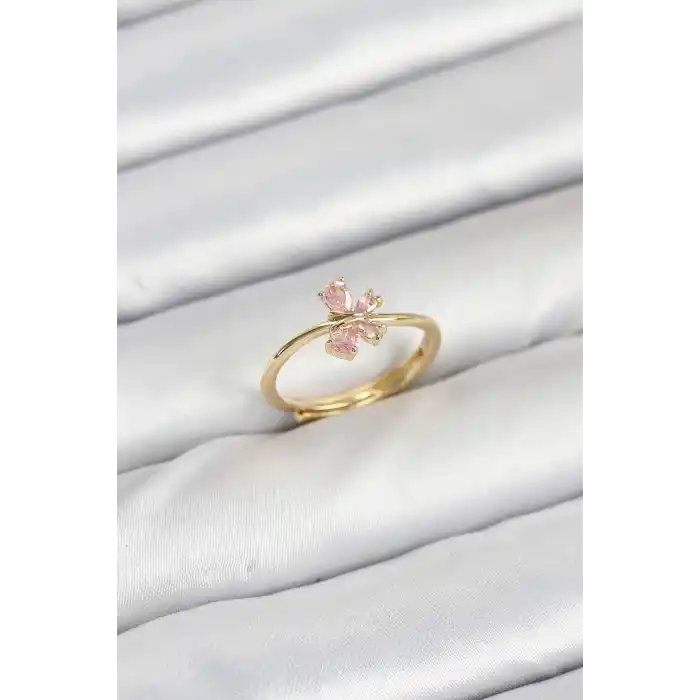 Pirinç Gold Renk Pembe Kelebek Kadın Yüzük