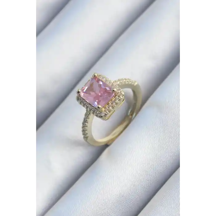 Pirinç Gold Renk Pembe Zirkon Taşlı Kadın Yüzük
