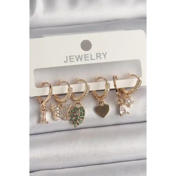 Pirinç Gold Renk Renkli Kelebek Figür Çoklu Figür Kadın Küpe Seti
