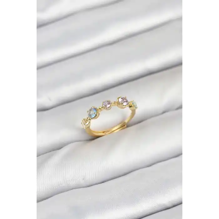 Pirinç Gold Renk Renkli Zirkon Taşlı Kadın Yüzük