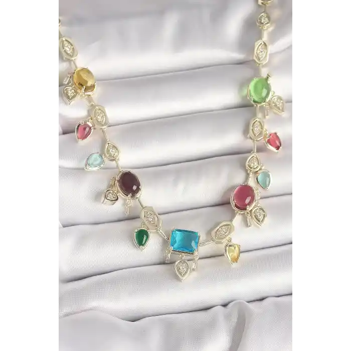Pirinç Gold Renk Renli Zirkon Taşlı VIP Seri Kadın Kolye