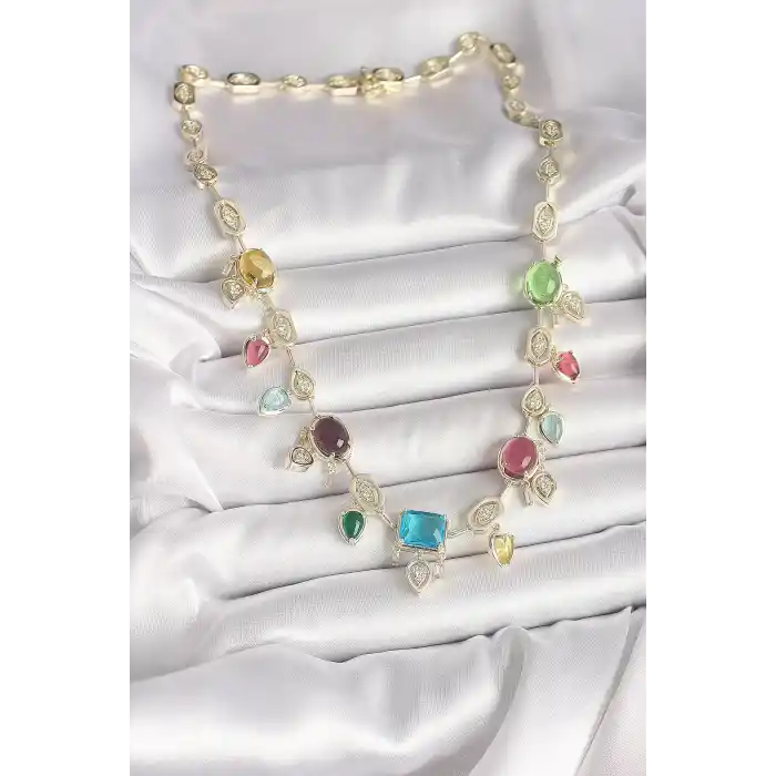 Pirinç Gold Renk Renli Zirkon Taşlı VIP Seri Kadın Kolye