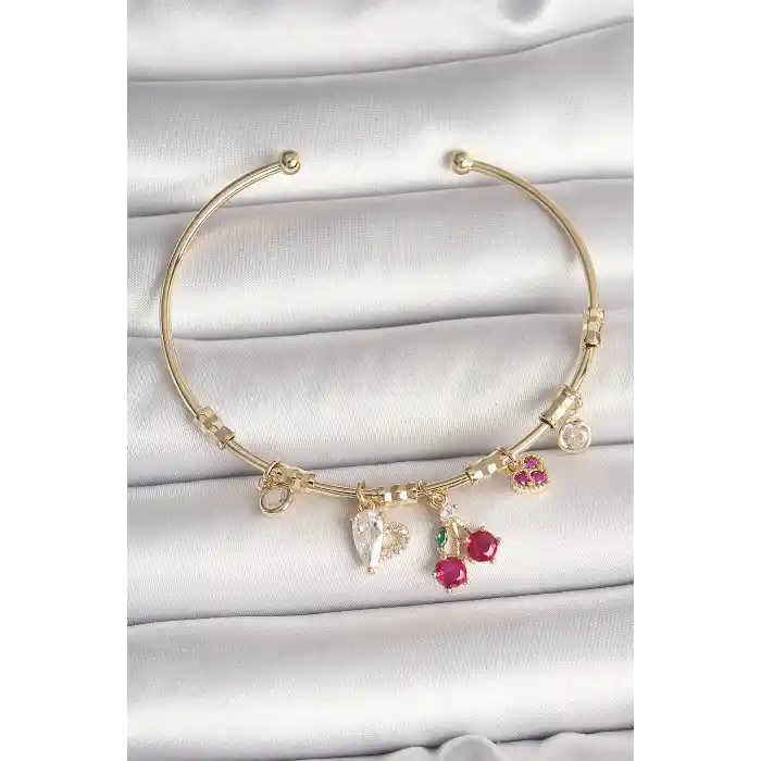 Pirinç Gold Renk Sallantı Kırmızı Zirkon Taşlı Kiraz Figür Charm Kadın Bileklik
