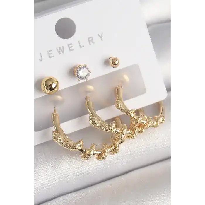 Pirinç Gold Renk Sarmal Yılan Halka Model Zirkon Taşlı Topçuk Detay Kadın Küpe Seti