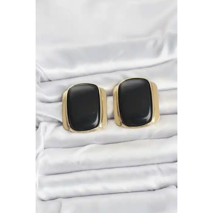 Pirinç Gold Renk Siyah Plaka Vintage Kadın Küpe