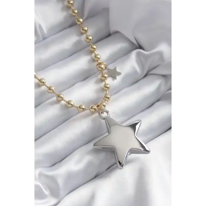 Pirinç Gold Renk Topçuk Zincir Gümüş 3D Yıldız Model Yıldız Detay VİP Kadın Kolye