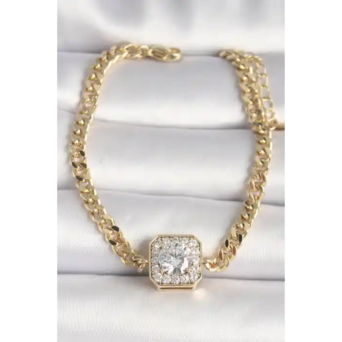 Pirinç Gold Renk Zincir Kare Zirkon Taş Model Xuping VIP Seri Kadın Bileklik