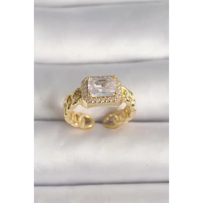 Pirinç Gold Renk Zincir Model Kare Zirkon Taşlı Kadın Yüzük