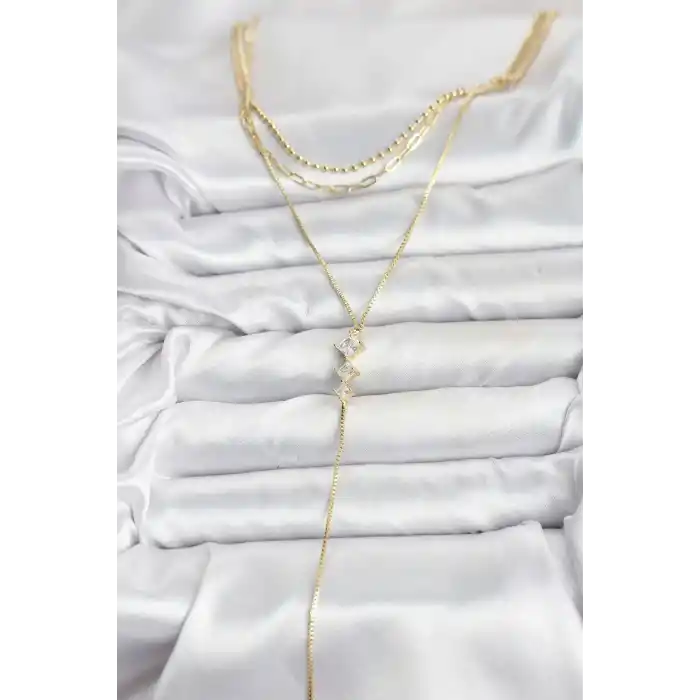 Pirinç Gold Renk Zirkon Taş Detaylı 3lü Kombin Y Kadın Kolye