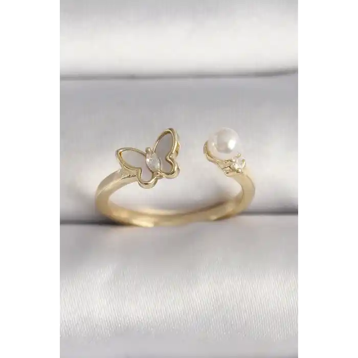 Pirinç Gold Renk Zirkon Taş Detaylı Beyaz Mineli Kelebek Model İnci Detay Ayarlanabilir Yüzük