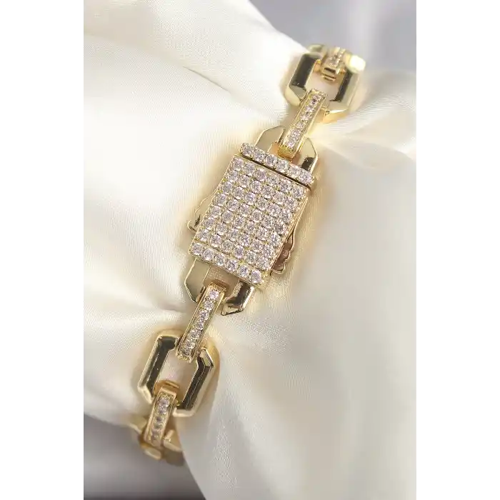 Pirinç Gold Renk Zirkon Taş Detaylı Kare Zincir Model Xuping VIP Exculusive Seri Kadın Bileklik
