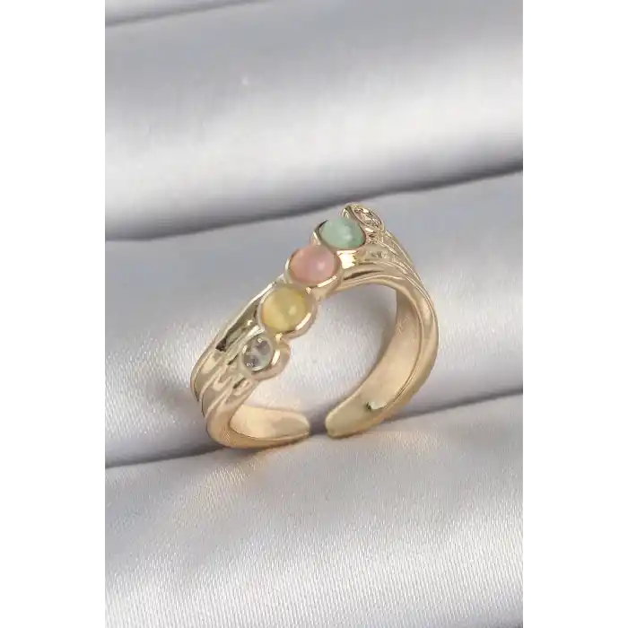 Pirinç Gold Renk Zirkon Taş Detaylı Karışık Mineli Ayarlanabilir Kadın Yüzük