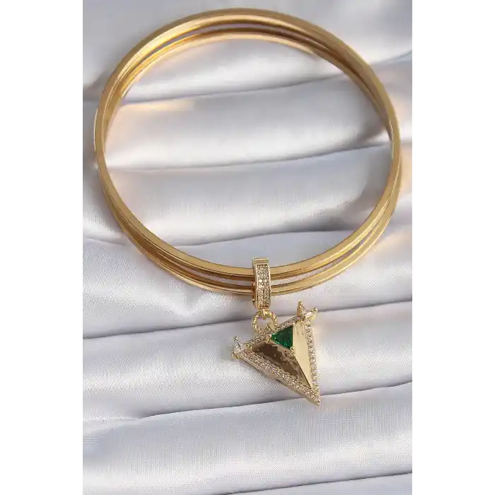 Pirinç Gold Renk Zirkon Taşlı 3D Üçgen Model Ajda Charm