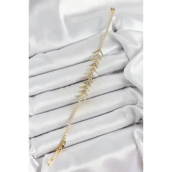 Pirinç Gold Renk Zirkon Taşlı Balık Sırtı Kadın Bileklik