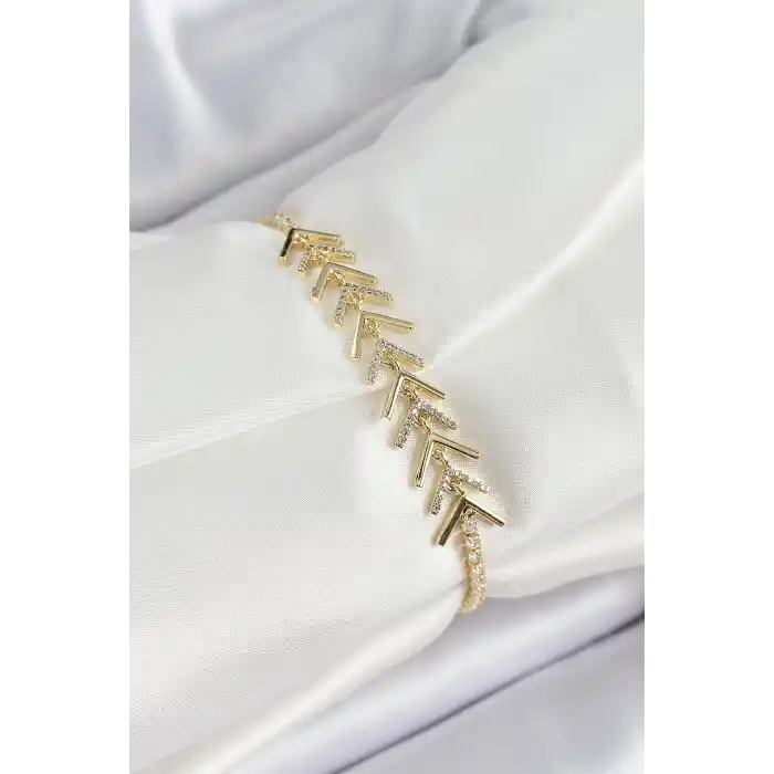 Pirinç Gold Renk Zirkon Taşlı Balık Sırtı Kadın Bileklik