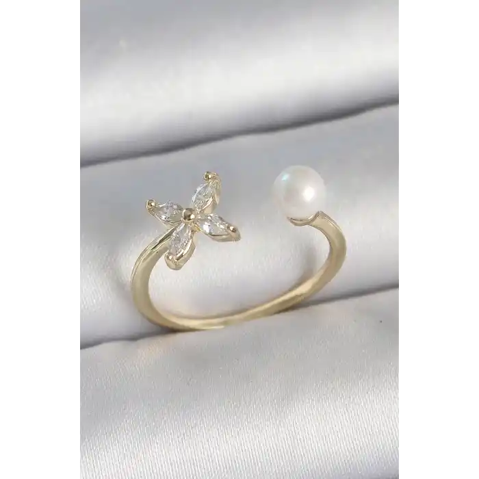 Pirinç Gold Renk Zirkon Taşlı Çiçek Model İnci Detay Ayarlanabilir Kadın Yüzük