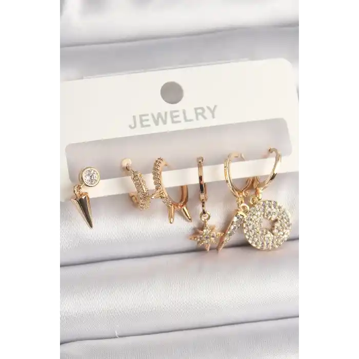 Pirinç Gold Renk Zirkon Taşlı Çoklu Figür Kadın Küpe Seti