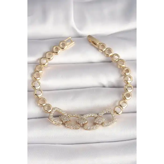 Pirinç Gold Renk Zirkon Taşlı Daire Zincir Model Kadın Bileklik