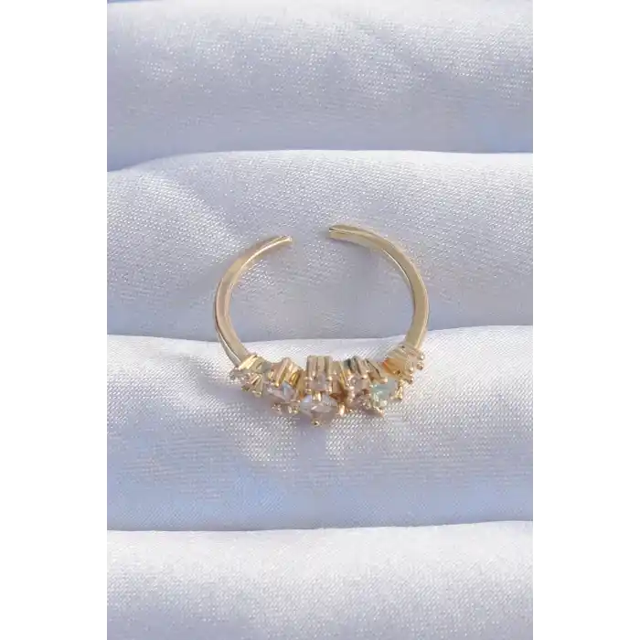 Pirinç Gold Renk Zirkon Taşlı Damla Detay Ayarlanabilir Yüzük